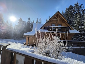 A wooden cabin with a sloped roof, surrounded by snow-covered trees. - Apartment in Lapsze Nizne With Balcony (Lapsze Nizne)