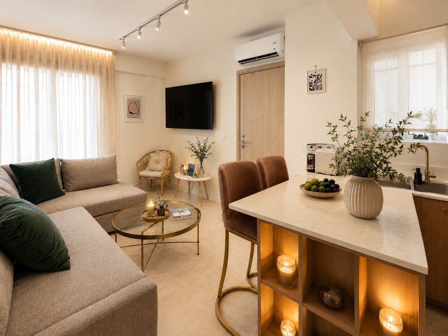 Een moderne woonkamer met een bank, een salontafel en een eethoek met stoelen en een tafel.