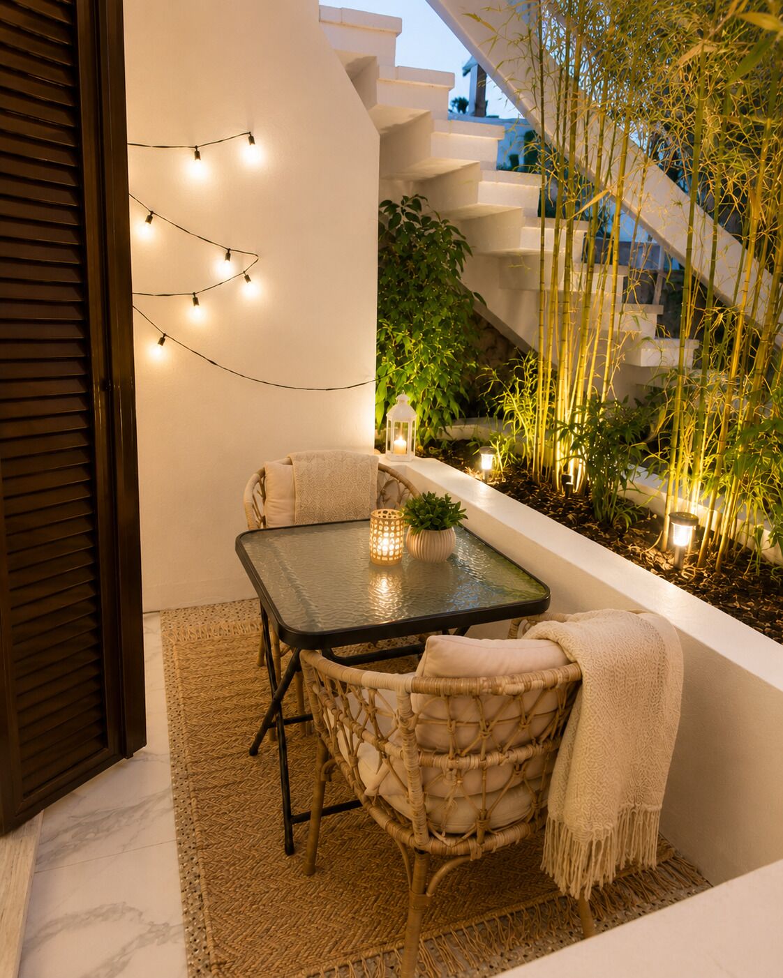 A balcony with a table and chairs, string lights, a lantern, and bamboo plants.