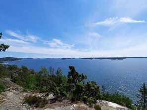 A coastal landscape with a clear sky, rocky terrain, and dense greenery. - 5 Star Holiday Home in Navekvarn (Navekvarn)