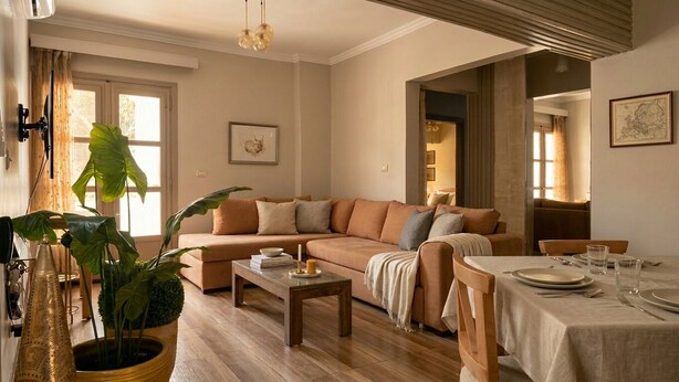 A living room with a sofa, a coffee table, a dining table set for two, and a large potted plant. - Casa de Lama ~ Expat friendly, 2 Bedrooms, A/C (Degla Maadi)