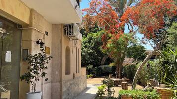 Un bâtiment à la façade beige, avec un pot de fleurs sur la gauche et un arbre aux fleurs rouges en arrière-plan.