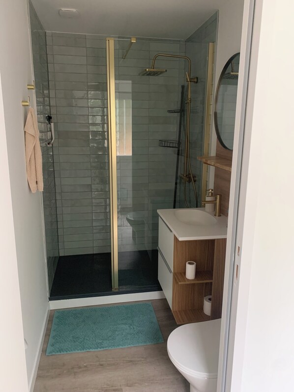 Shower, hair dryer, towels, soap