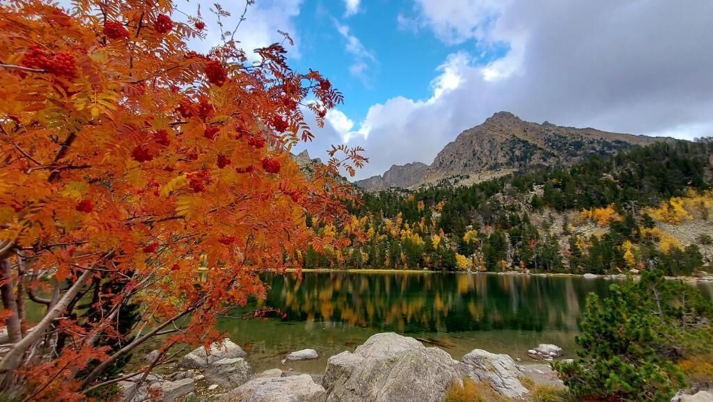 A mountain landscape with a lake, autumn foliage, and rocky terrain.