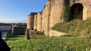 A historic stone castle with a moat, surrounded by a grassy area.