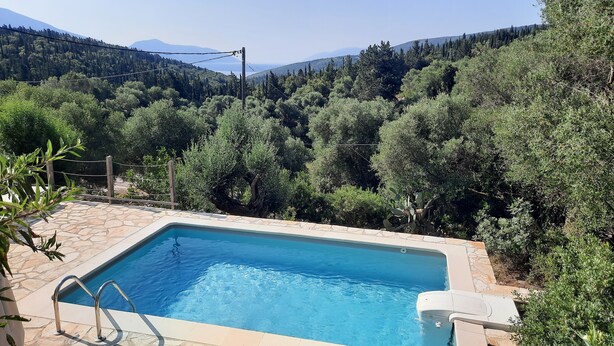 Una piscina rectangular con borde de piedra, rodeada de abundante vegetación y un paisaje montañoso.