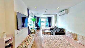 Standard Apartment, Multiple Beds, Kitchen, Pool View | Free minibar, desk, laptop workspace, blackout drapes