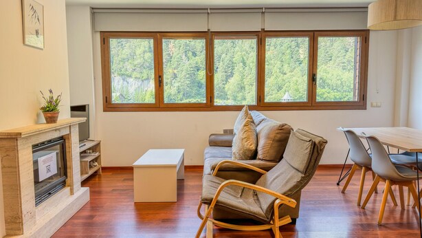 A living room with a fireplace, a sofa, a rocking chair, a dining table with chairs, and large windows with a forest view. - Modern Apartment in Arinsal - 5 pers, PARKING (Arinsal)