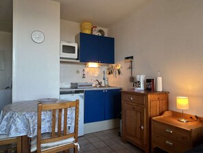 Kühlschrank, Mikrowelle, Herdplatte, Wasserkocher mit Kaffee-/Teezubehör