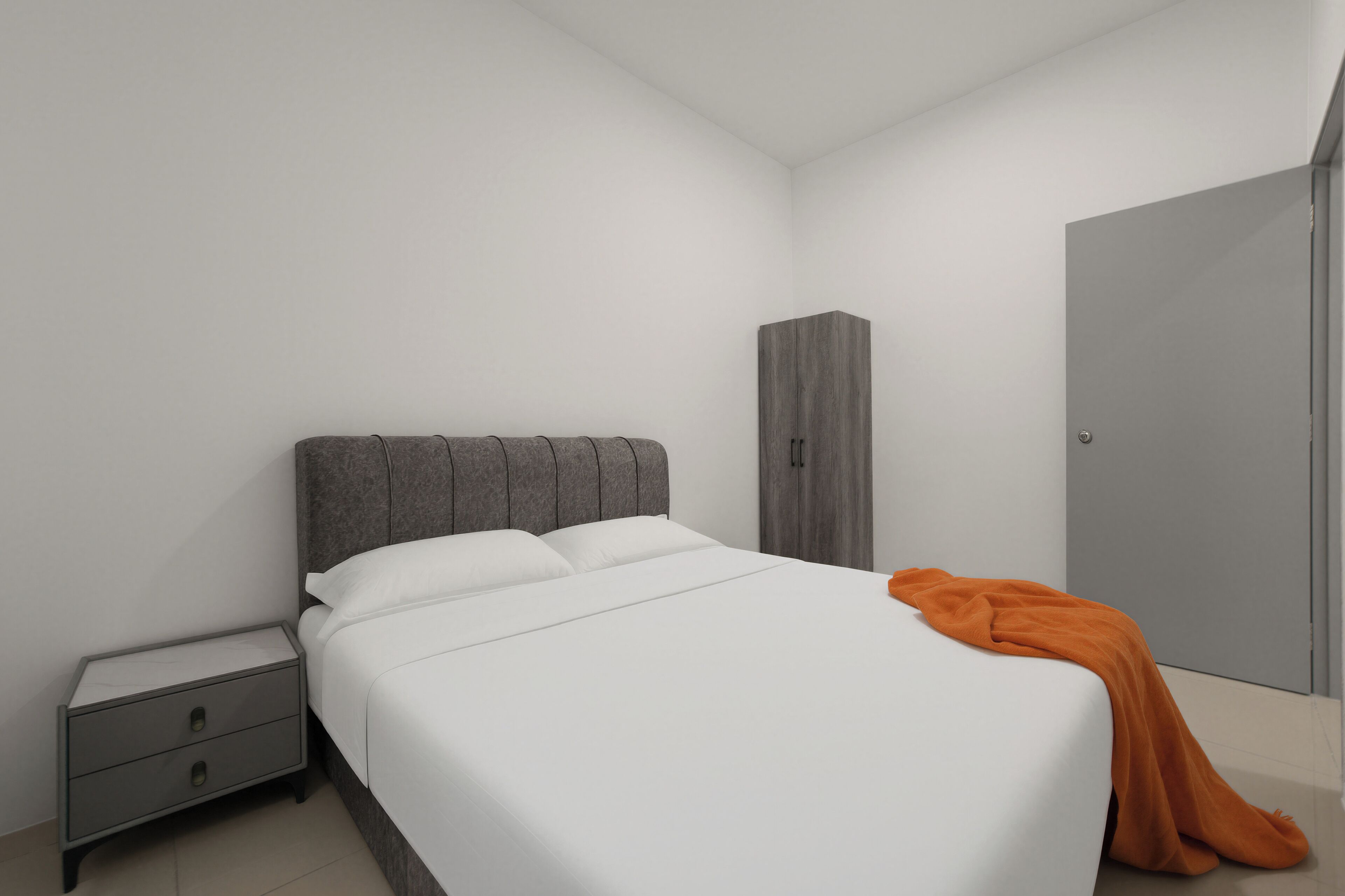 Un dormitorio con cama, mesita de noche, armario y puerta.
