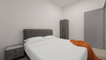 Un dormitorio con cama, mesita de noche, armario y puerta.