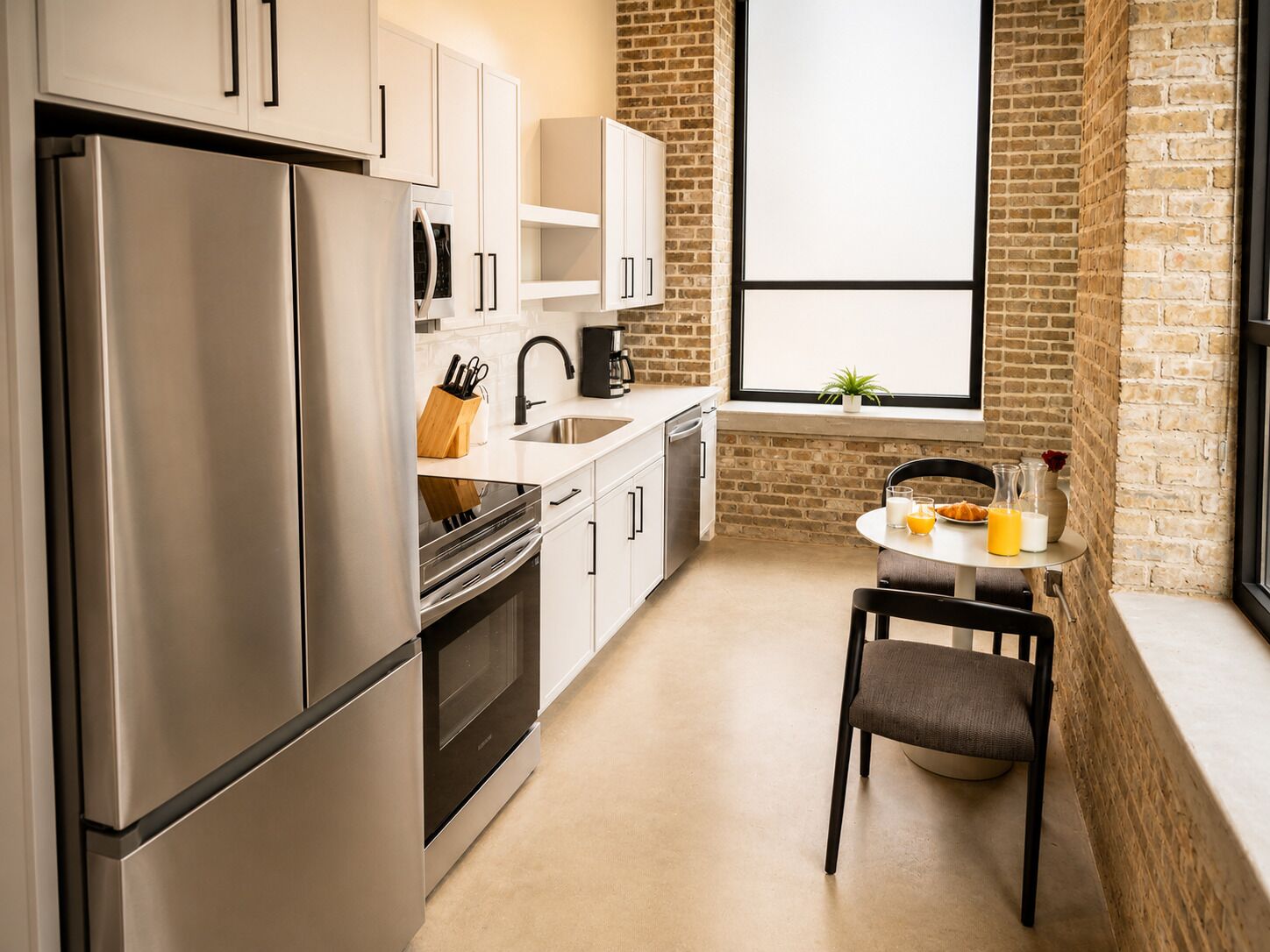 Una cocina moderna con electrodomésticos de acero inoxidable, armarios blancos y una pared de ladrillo.