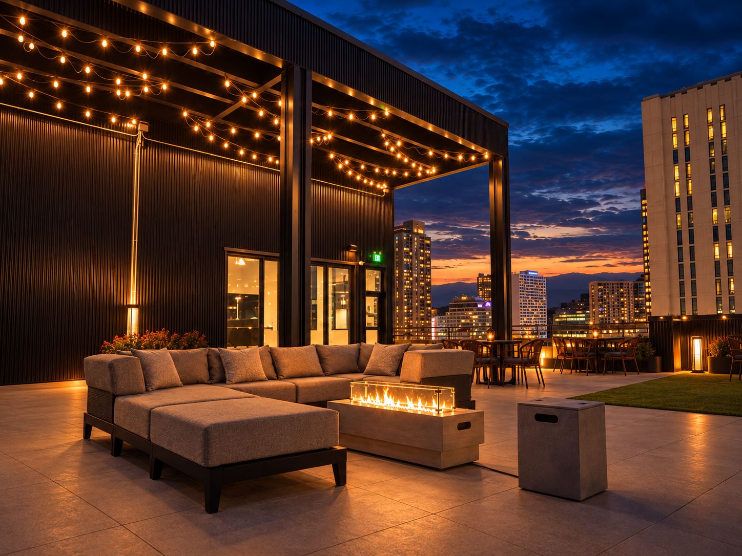 An outdoor seating area with a sofa, chairs, and a fire feature, overlooking a cityscape at dusk.