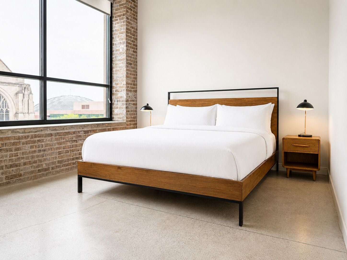 A modern bedroom with a wooden bed, a nightstand, a lamp, and a large window.