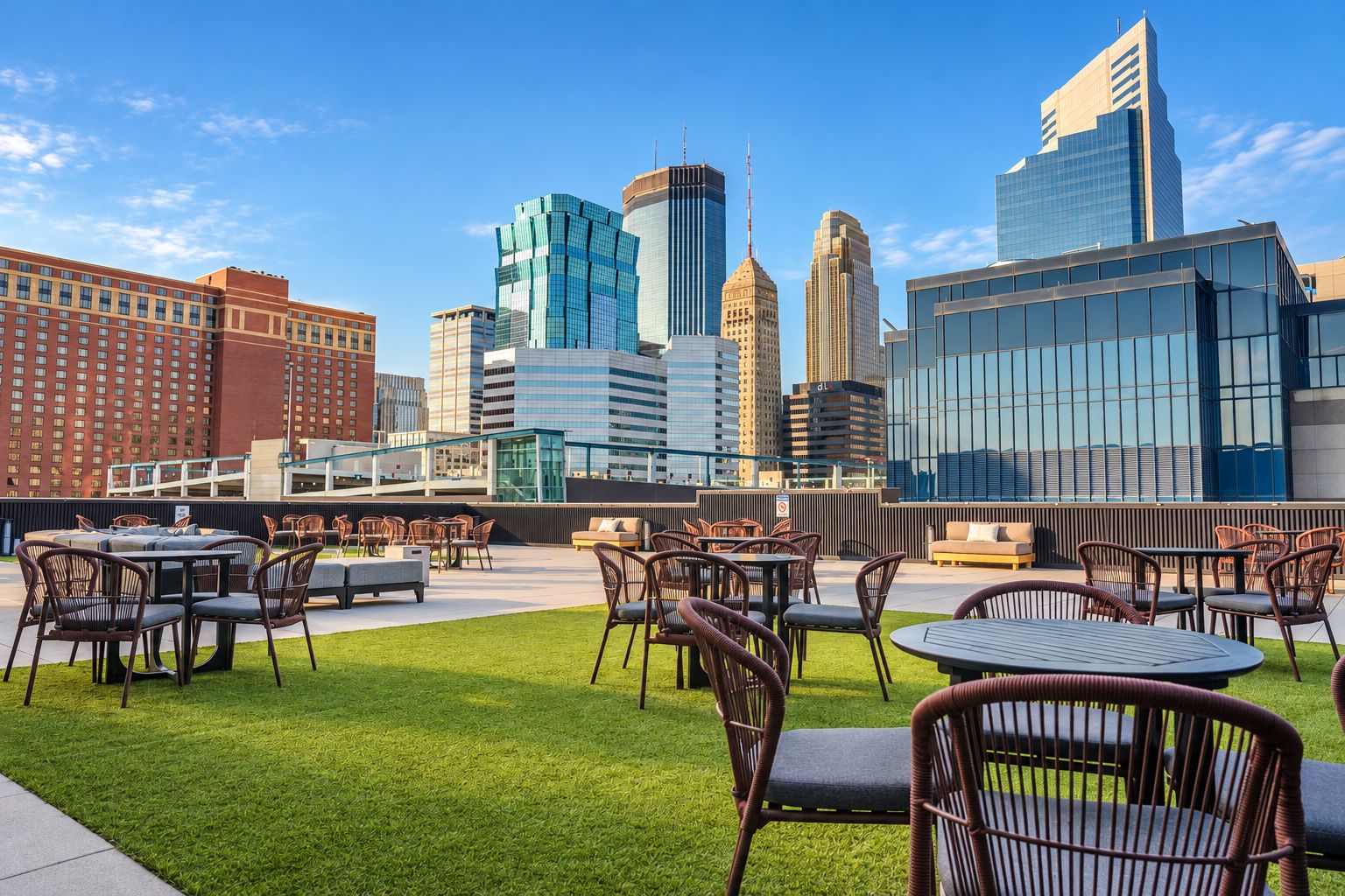 An outdoor seating area with tables and chairs, a grassy lawn, and a city skyline in the background.