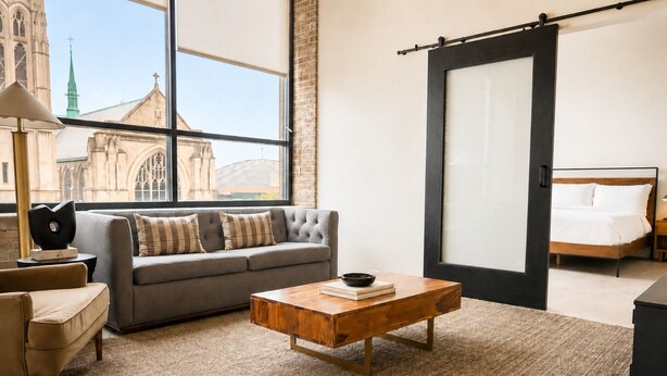 Una habitación de hotel moderna con un ventanal grande, un sofá gris, una mesa de centro de madera, una cama y vistas a la aguja de una iglesia.
