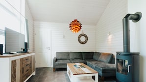 A cozy living area with a sofa, a coffee table, a TV, a fireplace, and a hanging light fixture. - Ferienhaus in Schönberg-Holm: Sauna, Kamin & Strandkorb inklusive (Schönberg (Holstein))