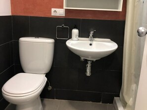 A bathroom with a toilet, a sink, and a mirror. - Romantic Apartment in Sevilla Near Giralda (Seville)