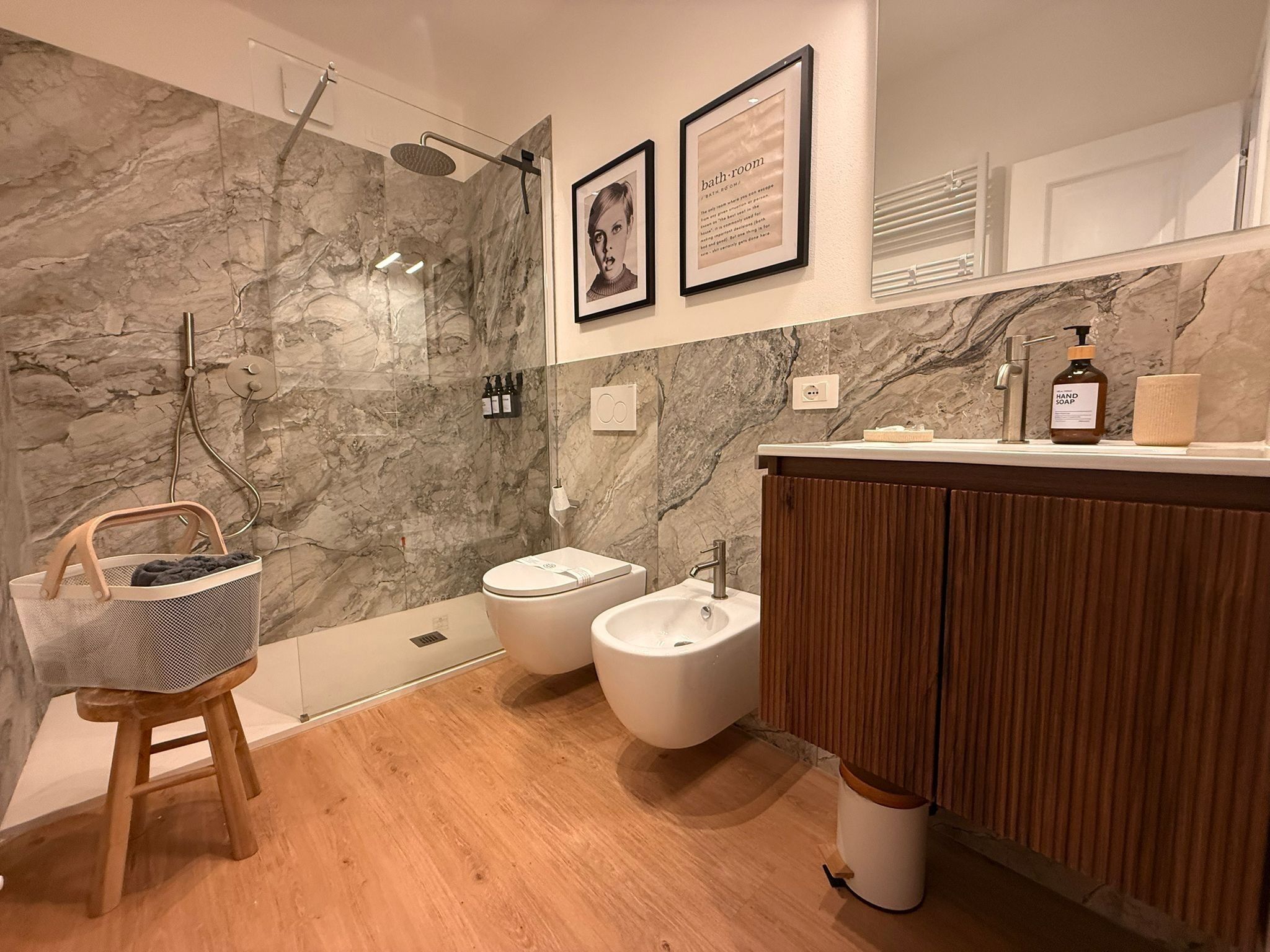 Hair dryer, bidet, towels, soap