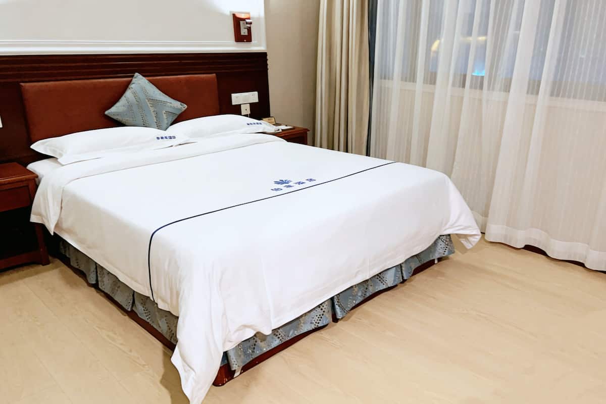 Une chambre d’hôtel avec un grand lit, une table de chevet, une lampe et une fenêtre avec des rideaux légers.