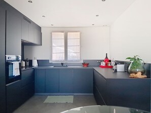 A modern kitchen with dark cabinetry, a window, and a small plant on the counter. - Domaine de l'Etoile by Interhome (Saint-Jeannet)