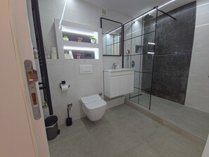 Ein modernes Badezimmer mit Toilette, Waschbecken und einer Duschkabine aus Glas.