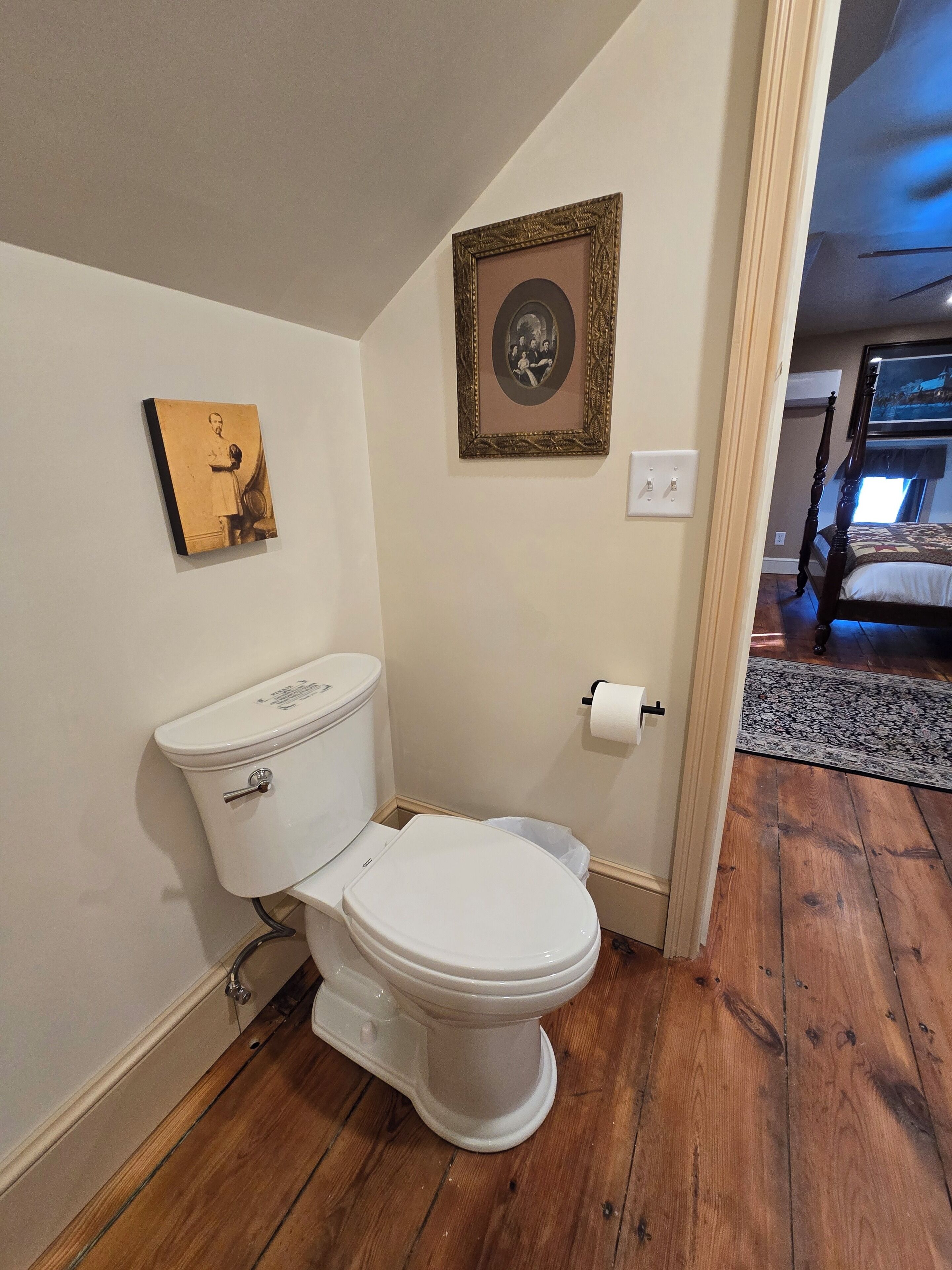 A bathroom with a toilet, a framed picture on the wall, and a visible door leading to another room.