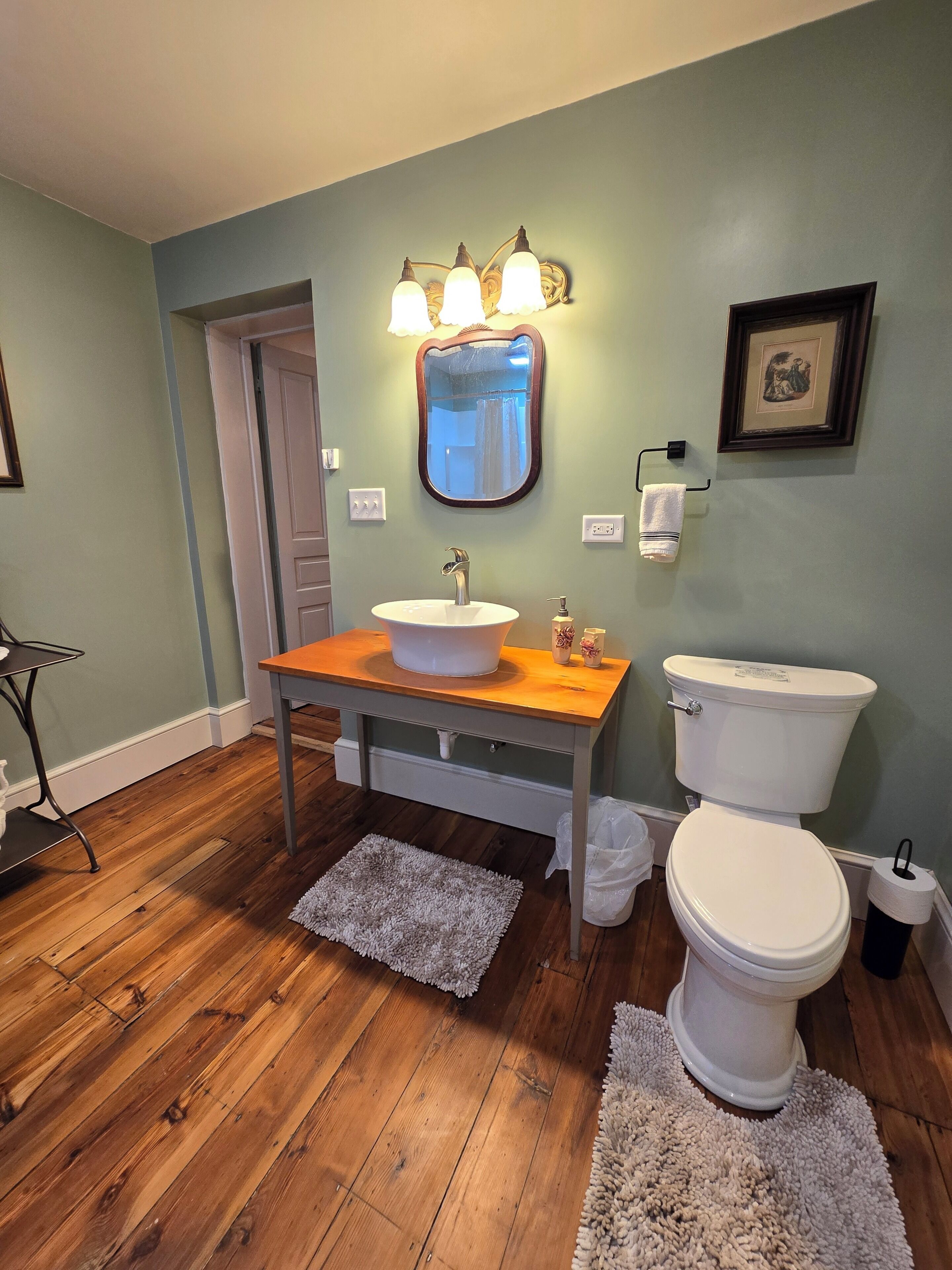 A bathroom with a wooden vanity, a white sink, a mirror with lights, a toilet, and a framed picture on the wall.