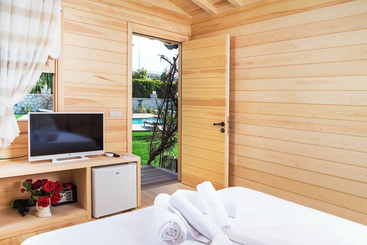 A wooden room with a bed, a TV, a small fridge, and a door leading to a pool area.