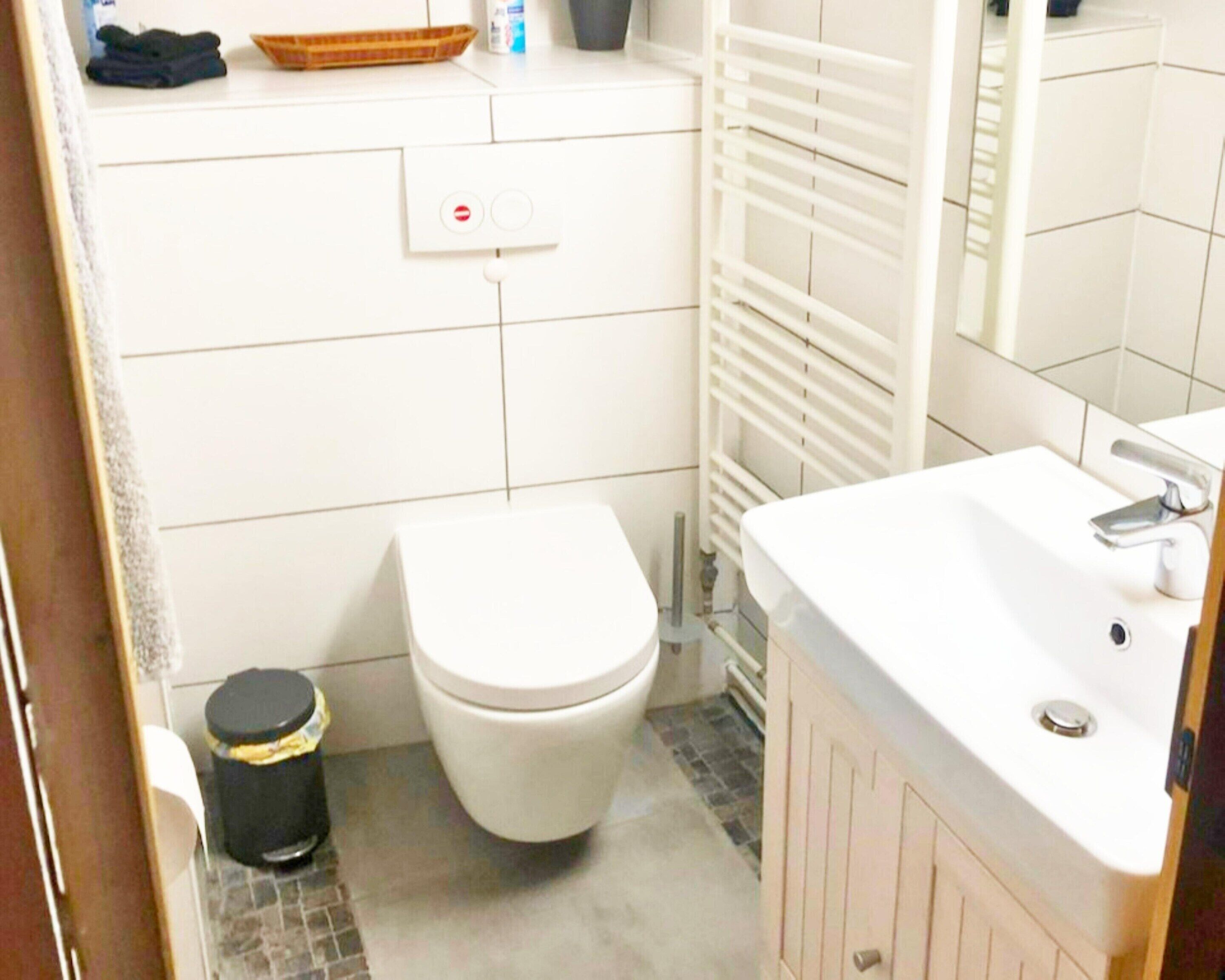 A small bathroom with a toilet, a sink, a trash bin, and a towel rack.