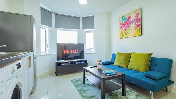 Un salon avec un lave-linge, une télévision, un canapé et un tableau accroché au mur.