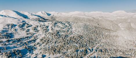 Un paisaje montañoso cubierto de nieve con edificios dispersos y bosques densos.