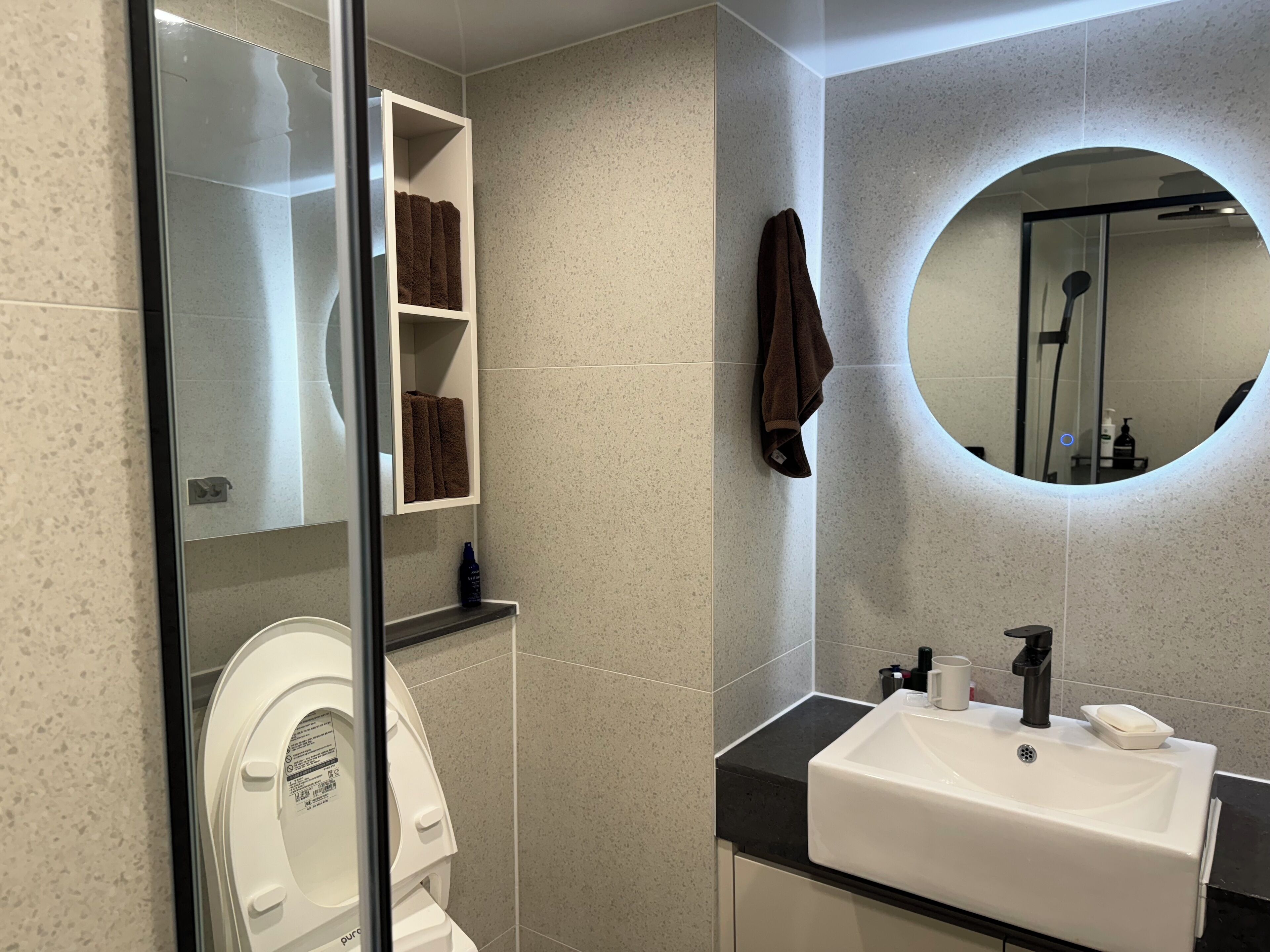 Hair dryer, towels, soap, toilet paper