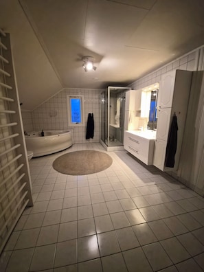 Baignoire à remous, séchoir à cheveux, serviettes fournies, savon