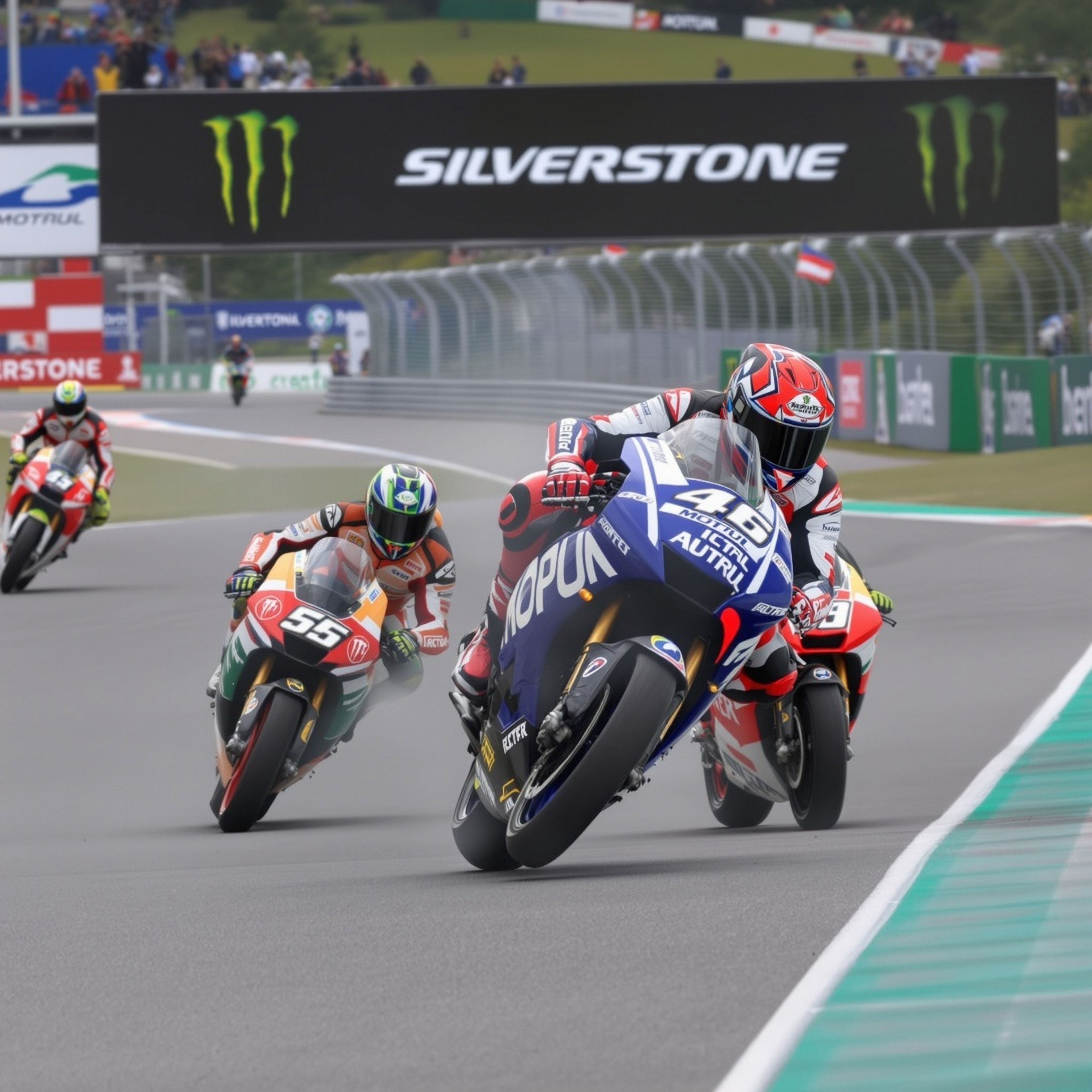 Een motorrace op een circuit, met rijders in racepakken en helmen.