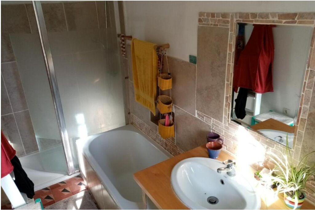 Shower, hair dryer, towels, toilet paper