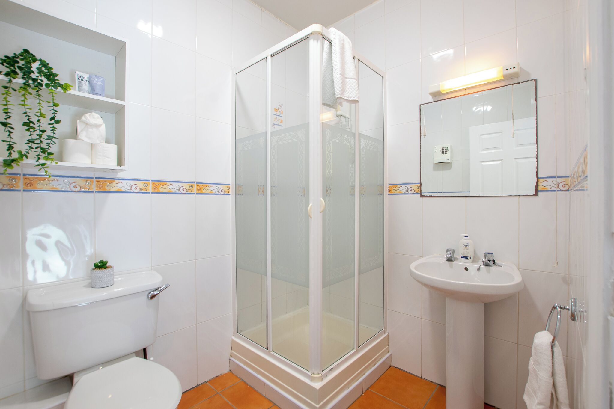 Hair dryer, towels, soap, toilet paper