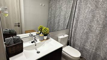 Hair dryer, towels, soap, toilet paper