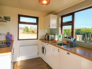 A kitchen with a washing machine, a sink, and a window with a view. - THADG AND HANNAH’S, pet friendly in Killorglin, County Kerry (Milltown)