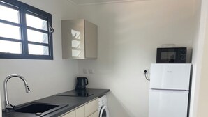 Eine kompakte Küche mit Spüle, Waschmaschine und einer Mikrowelle auf einem weißen Kühlschrank.