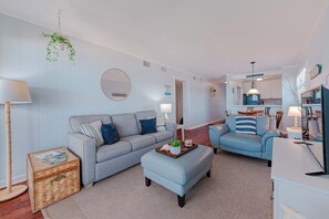 TV, fireplace, DVD player, books - JL #AV2-3A | Pirates Perch | Oceanfront Condo | Ocean Views (Kill Devil Hills)
