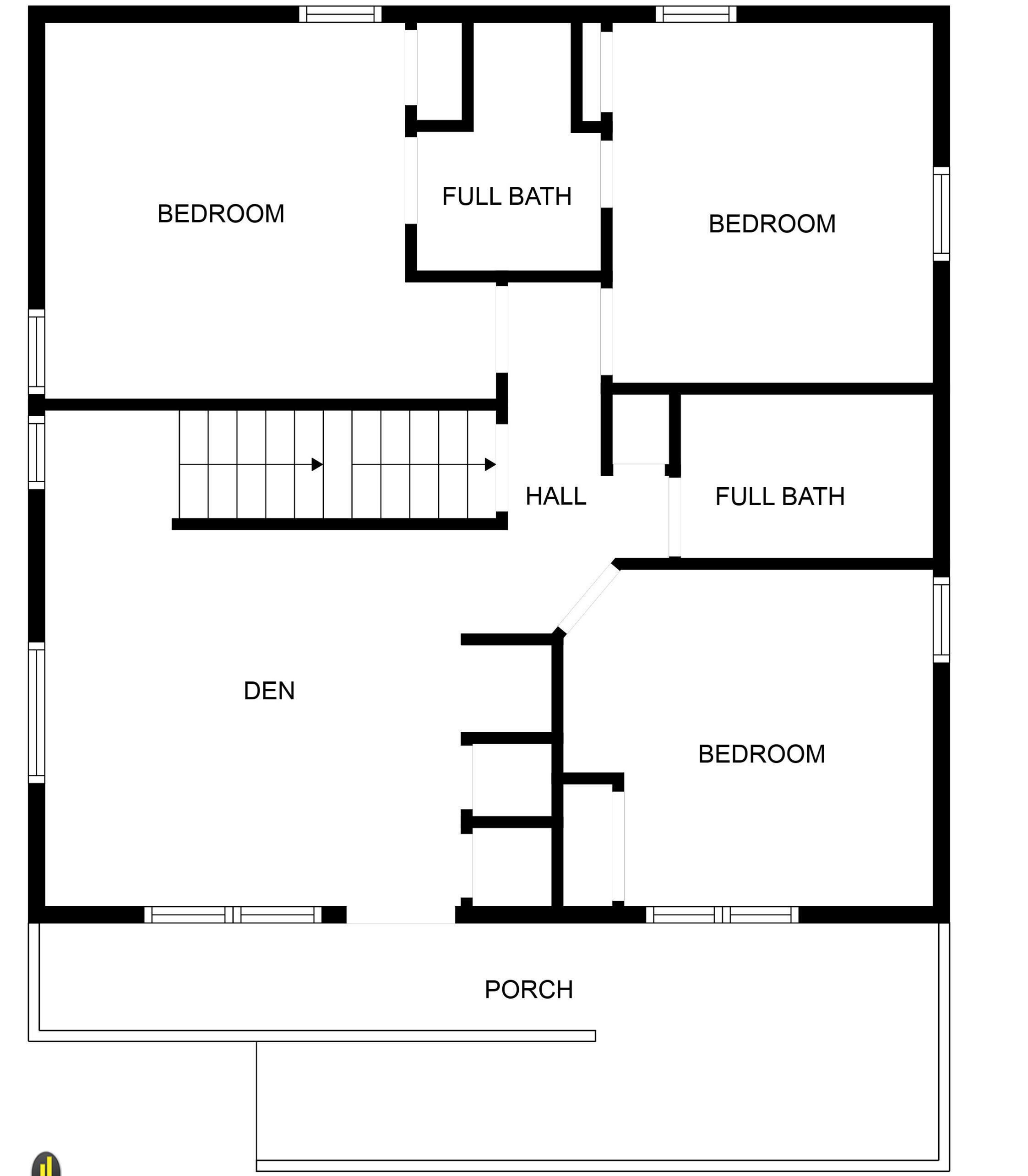 A floor plan with two bedrooms, two full baths, a hall, a den, and a porch.