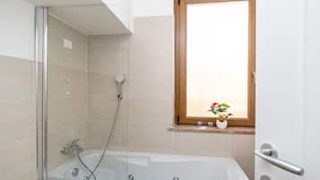 Shower, hair dryer, bidet, towels