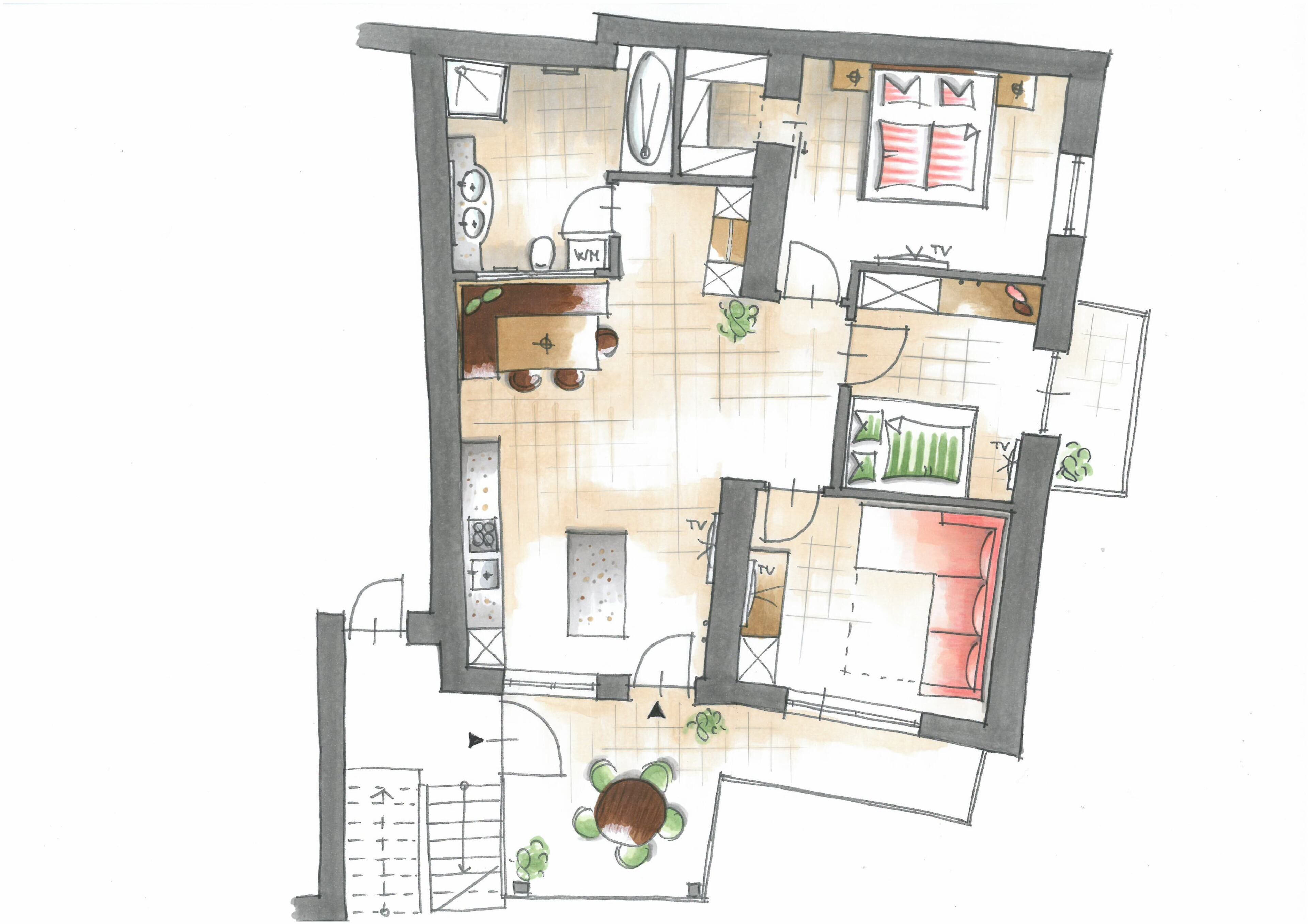 Un plan d’étage d’un hôtel comprenant plusieurs chambres, une cuisine, un coin repas et un petit espace extérieur aménagé pour s’asseoir.