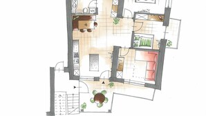 Plano de planta de un hotel con varias habitaciones, una cocina, un comedor y una pequeña zona de estar al aire libre.
