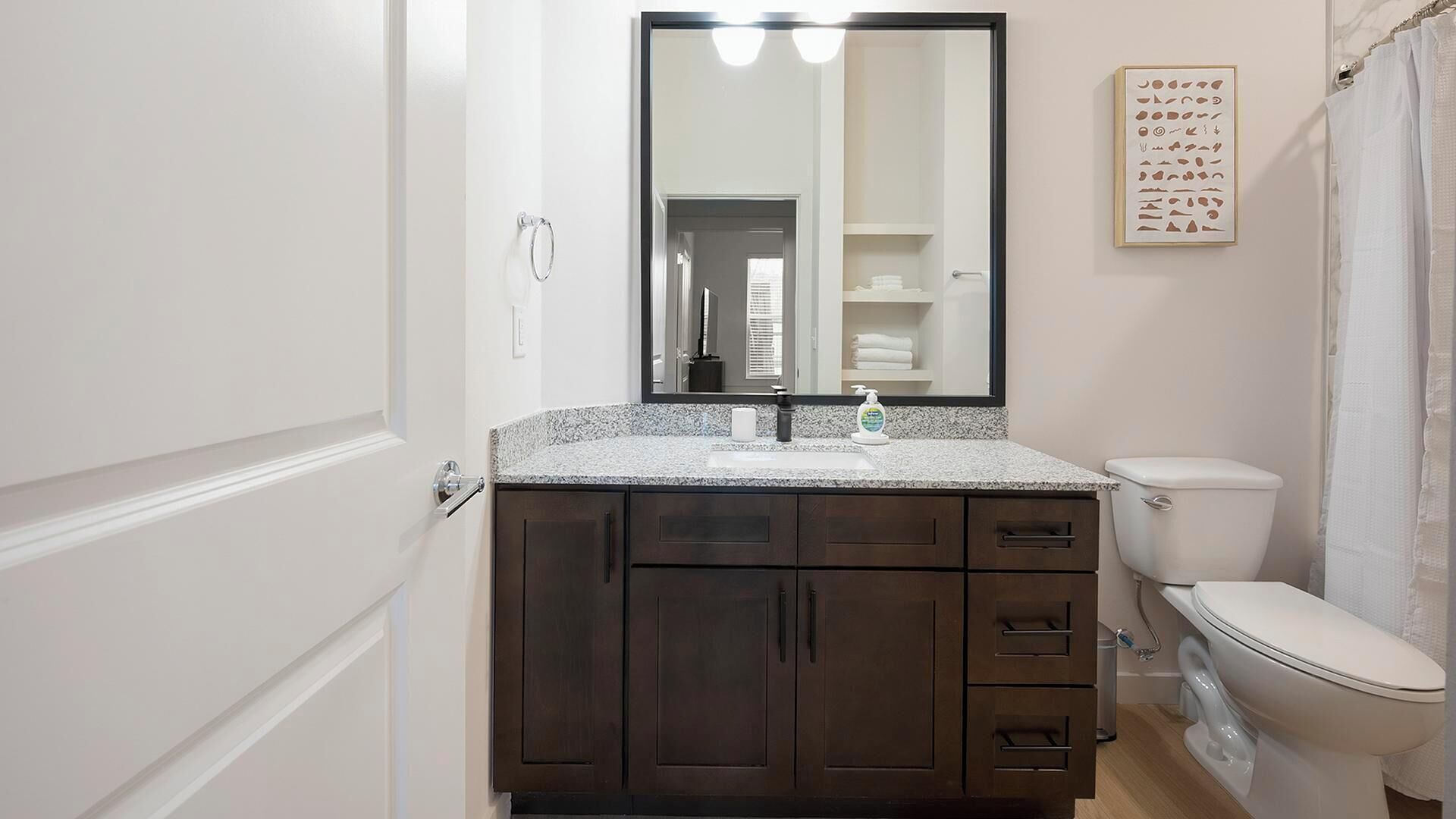 A bathroom with a dark wooden vanity, a white toilet, and a mirror above the sink.