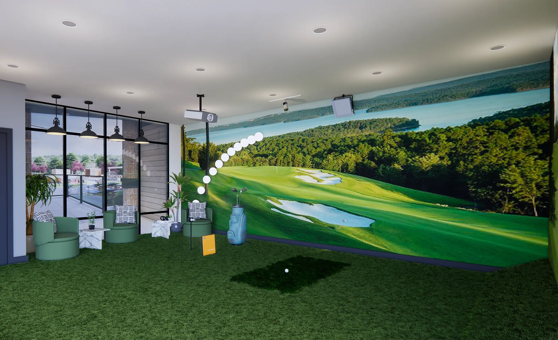 Une pièce avec une grande fresque murale représentant un terrain de golf, un projecteur et un espace détente avec des fauteuils verts et une petite table.