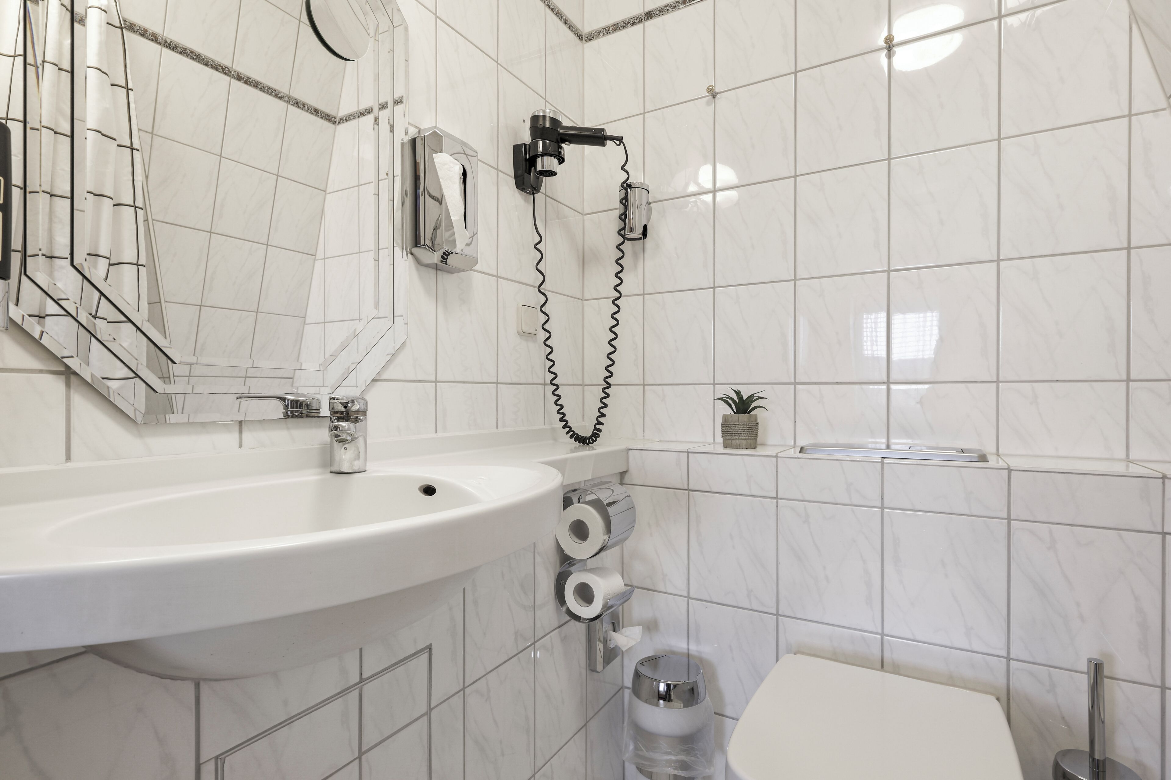 Hair dryer, towels, soap, toilet paper