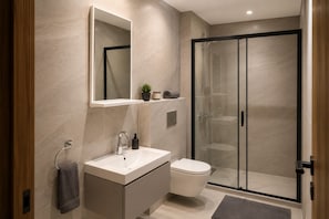 Un baño moderno con ducha envuelta en vidrio, un lavamanos con espejo y un inodoro.