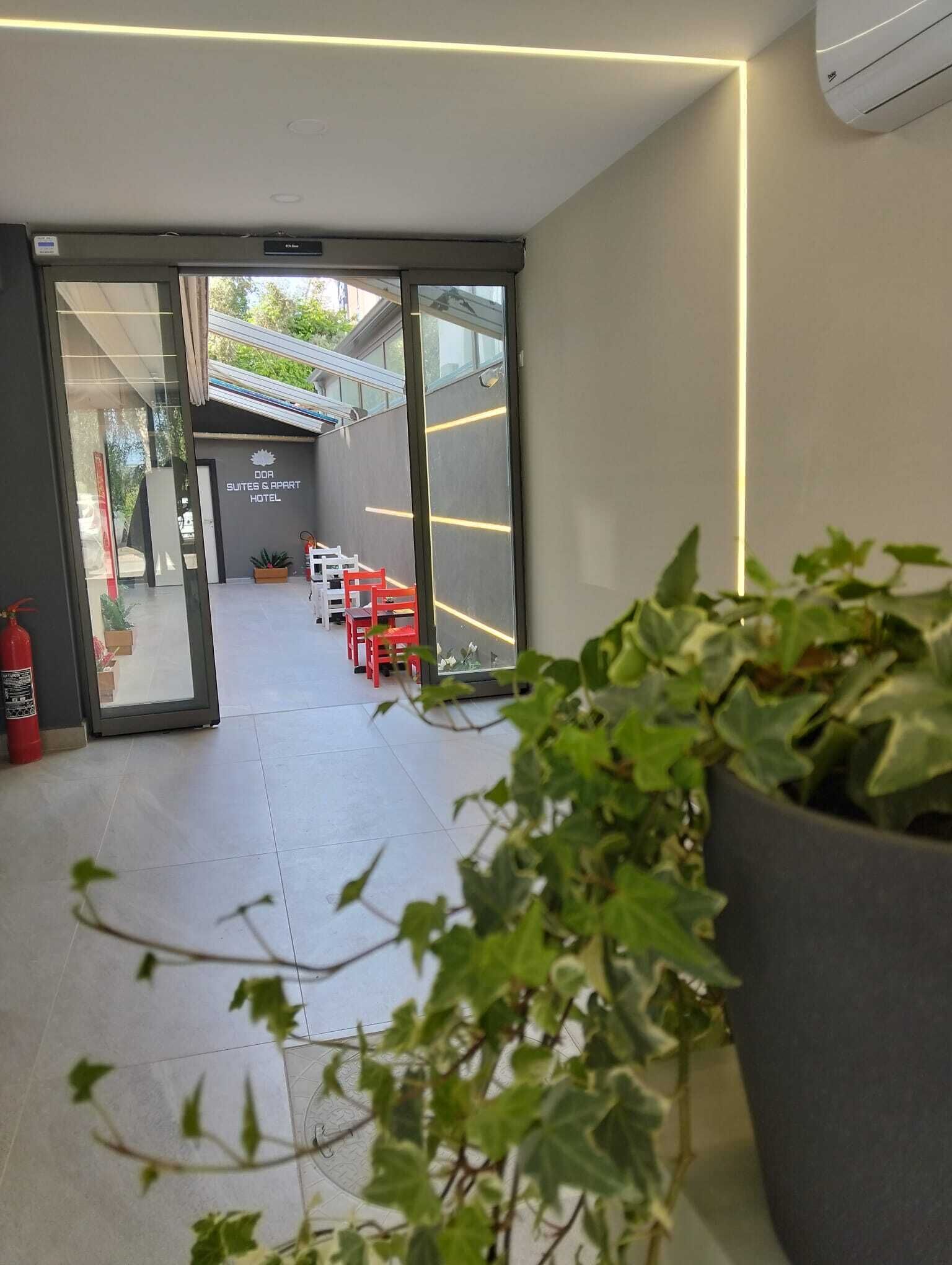 A hotel entrance with a glass door, a fire extinguisher, and a potted plant.